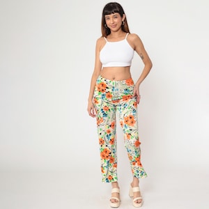 70s Hippie Floral Pants Cream Orange Straight Leg Pants Bohemian Pants Hippie Trousers Mod High Waisted Boho Festival Small xs
