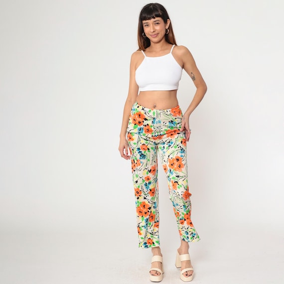 70s Hippie Floral Pants Cream Orange Straight Leg Pants Bohemian Pants Hippie Trousers Mod High Waisted Boho Festival Small xs