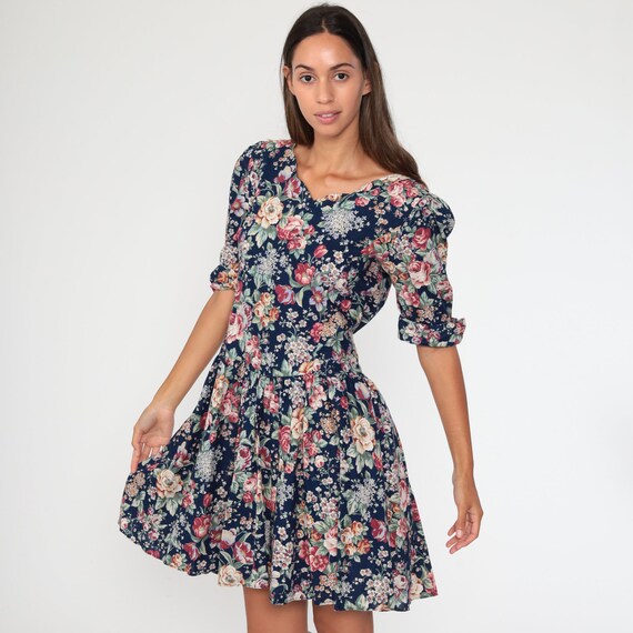 Puff Sleeve Dress 80s Floral Dress Cottagecore Bl… - image 4