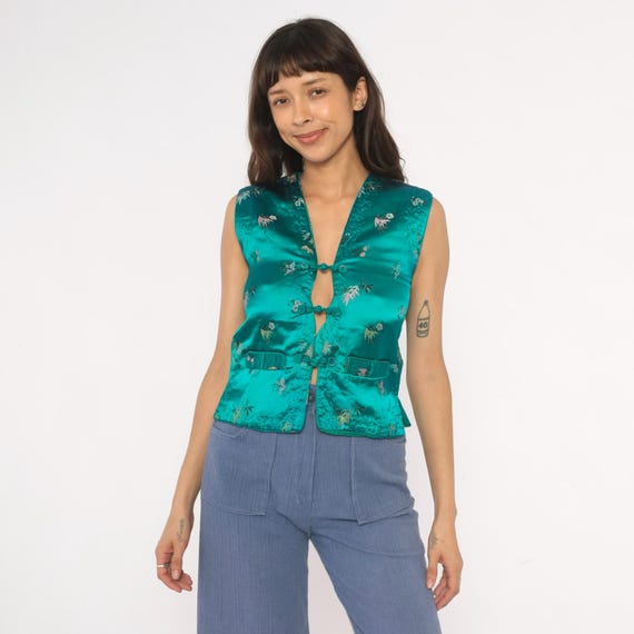 Teal Satin Vest 80s Chinese Brocade Waistcoat Floral Embroidered Sleeveless Top Frog Button Closure Emerald Green Jacquard Silk Extra Small