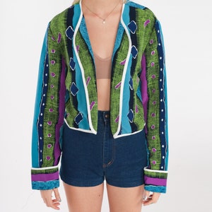 Statement Jacket années 90 Open Front Cropped Blazer Rayé Géométrique Imprimé Bleu Vert Violet Boho Hippie Cardigan Boho vintage années 1990 Moyen image 6