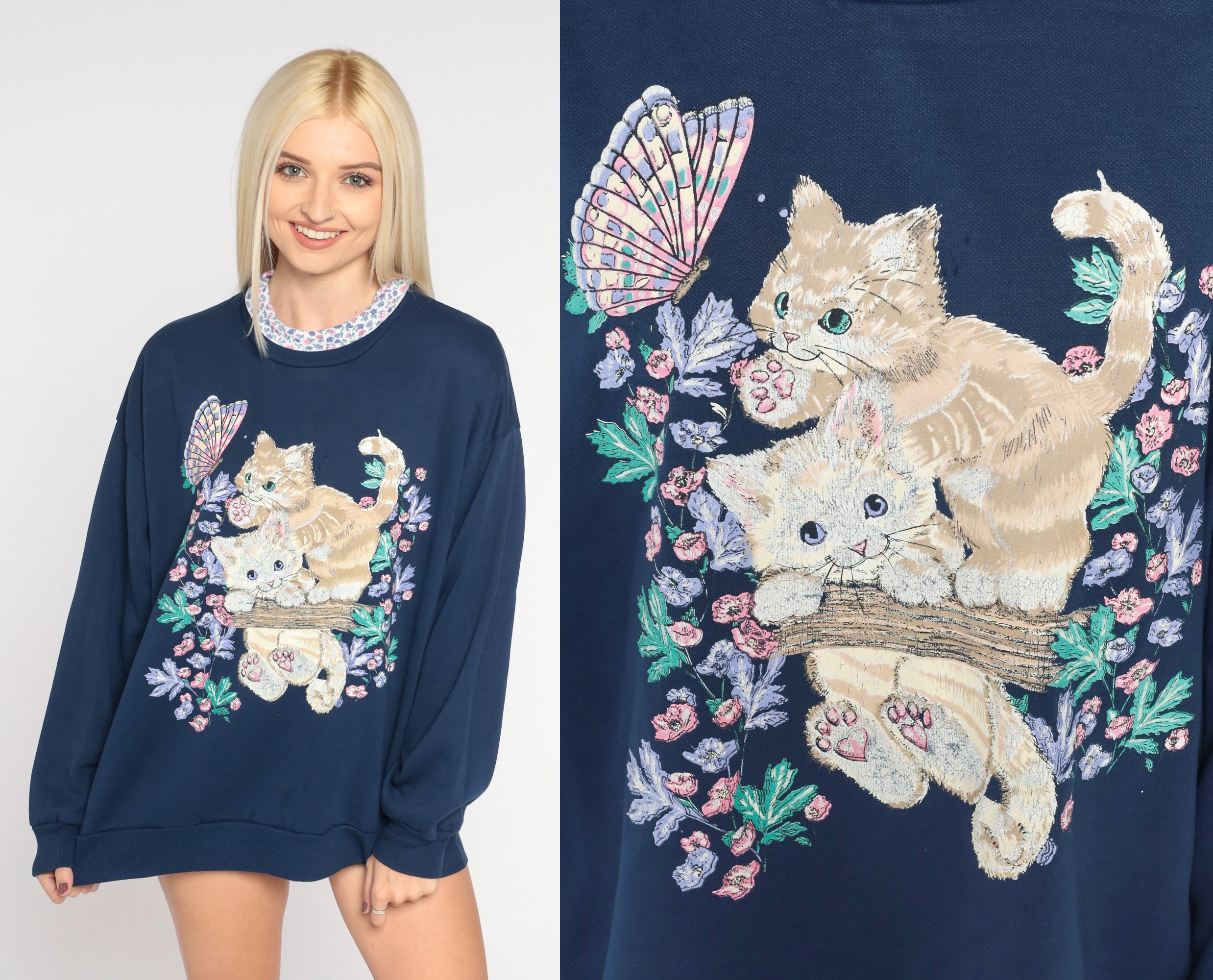 90s Kitten Sweatshirt Butterfly Cat Sweater Floral Collar Baby