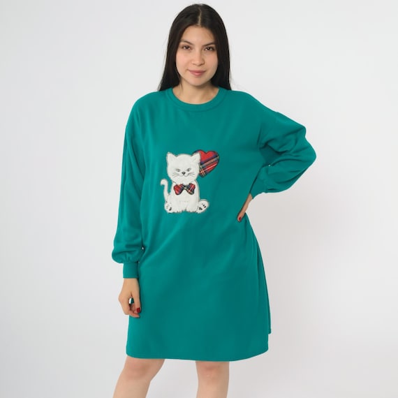 Cat Shirt Dress Teal Sweatshirt Dress 90s Vintage Pajama Nightshirt Lounge Pullover Fuzzy Applique Novelty Kitten Heart Sleepwear Small S