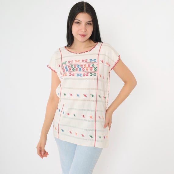 Cream Embroidered Blouse 90s Mexican Shirt Peasant Hippie Geometric Cutwork Short Sleeve Tunic Top  Summer Cotton Vintage 1990s Small S