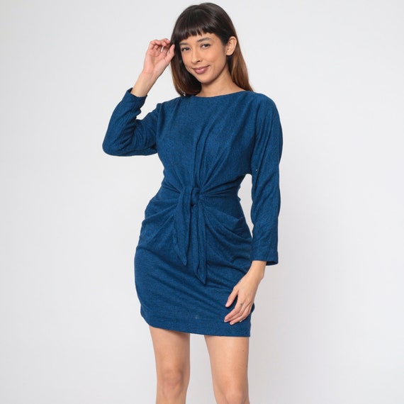 Knot Front Mini Dress 90s Long Dolman Sleeve Sheath Dress Flecked Dark Blue Plain Dress Party Retro Pocket Vintage 1990s Dress Small 7