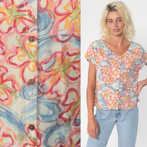 90s Floral Blouse Rayon Swirl Print Button Up Shirt 80s Blouse Short Sleeve Top Grunge Boho Pink Blue Vintage Bohemian Medium