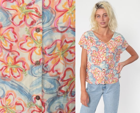 90s Floral Blouse Rayon Swirl Print Button Up Shirt 80s Blouse Short Sleeve Top Grunge Boho Pink Blue Vintage Bohemian Medium