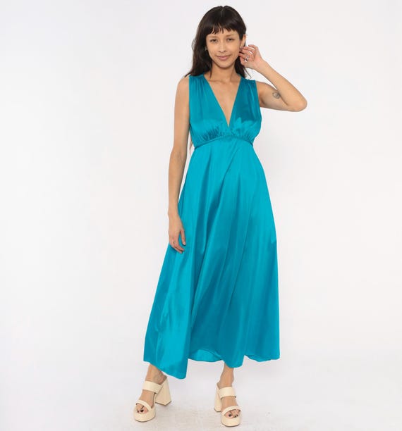 70s Teal Grecian Maxi Dress Deep V Neck Turquoise Empire Waist Braided Belt Flowing Gown Cyan Aqua Summer Goddess Disco Era Vintage Large L