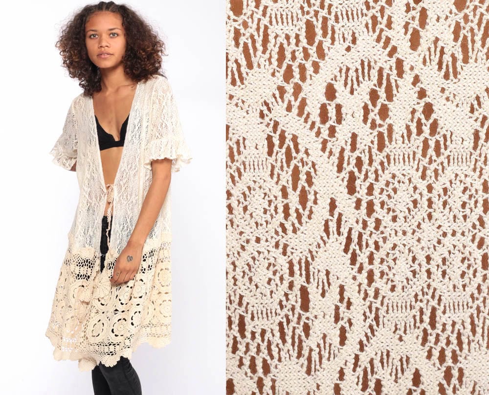 Cream Crochet Jacket 90s Sheer Lace 