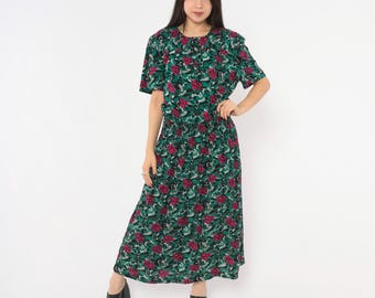 90s Rose Print Floral Dress Teal Green Pink Short Sleeve Button Front Blouson Dark Cottagecore Grunge Alt Garden Party Vintage Medium M