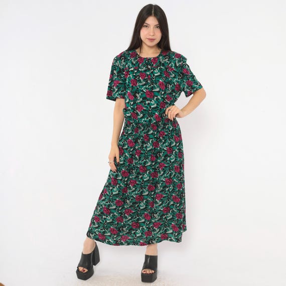 90s Rose Print Floral Dress Teal Green Pink Short Sleeve Button Front Blouson Dark Cottagecore Grunge Alt Garden Party Vintage Medium M