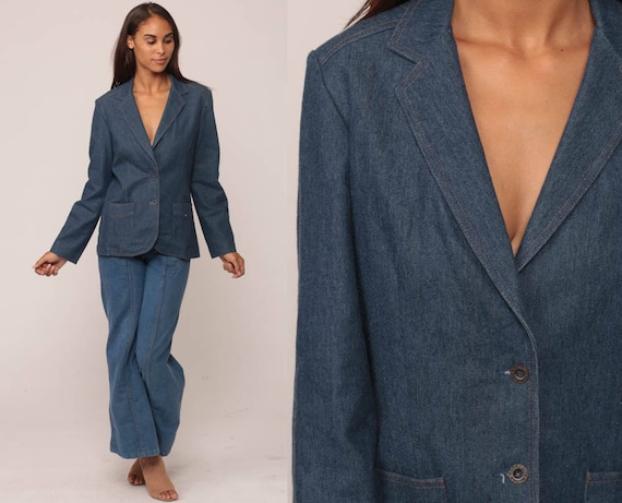 Denim Blazer Jacket 80s Jean Jacket Blue Boho Vintage Bohemian 1980s Button Up Hipster Women Coat Retro Collared Small Medium