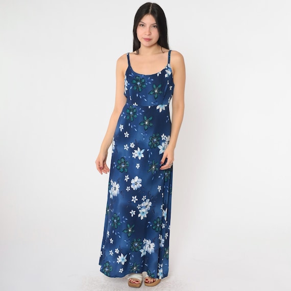 90s Floral Dress Blue Spaghetti Strap Flower SunDress Boho Sun Bohemian High Waist Maxi 1990s Sleeveless Vintage Medium