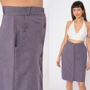 Purple Mini Skirt 80s Button Up Pencil Skirt Retro Bohemian Pocket Knee Length High Waisted Boho Simple Plain Preppy Vintage 1980s Medium