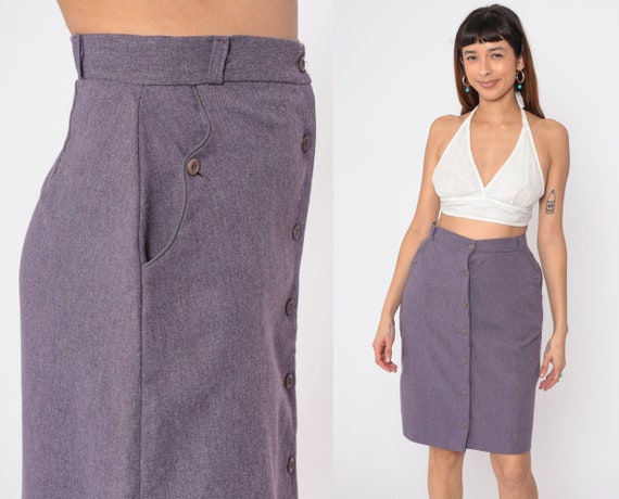 Purple Mini Skirt 80s Button Up Pencil Skirt Retro Bohemian Pocket Knee Length High Waisted Boho Simple Plain Preppy Vintage 1980s Medium