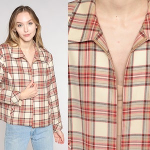 Pendleton Jacket Y2k Plaid Wool Zip Up Jacket Retro Cream Red Checkered Print Collared Coat Basic Fall Streetwear Collar Vintage 00s Large L