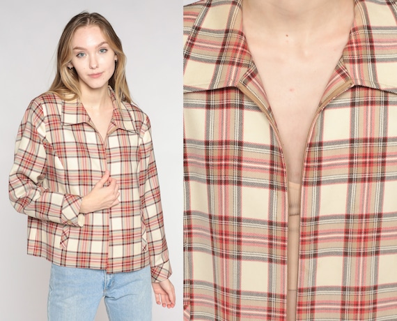 Pendleton Jacket Y2k Plaid Wool Zip Up Jacket Retro Cream Red Checkered Print Collared Coat Basic Fall Streetwear Collar Vintage 00s Large L