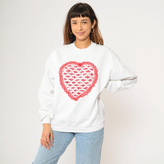 Vintage Floral Heart Sweatshirt 90s White Lace Trim Sweater Doily Print Pullover Retro Crewneck Valentine's Day 1990s Jerzees Extra Large xl
