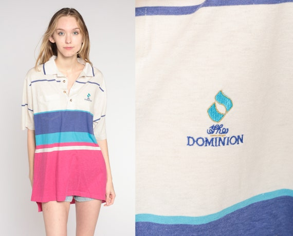 Striped Polo Shirt 90s Izod Club Shirt The Dominion White Pink Blue Collared 1990s Vintage Color Block Button Up Shirt Preppy Large L