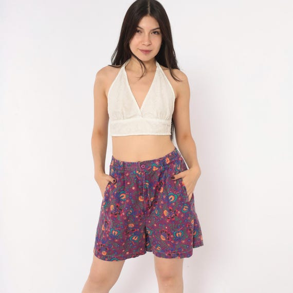 90s Purple Floral Shorts Gitano Linen Pleated High Waist Elastic Back Wide Leg Pockets Navy Green Button Front Folk Print Shorts Small S