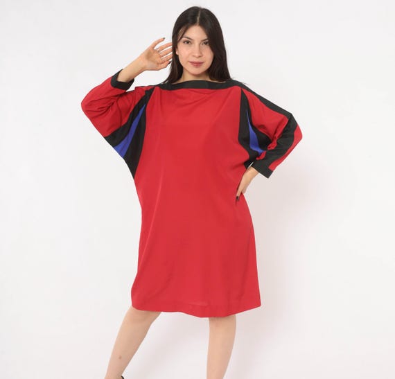 80s Red Color Block Shift Dress Batwing Dolman Sleeve Boat Neck Black Cobalt Blue Wide Shoulder Avant Garde New Wave Party Vintage Medium M