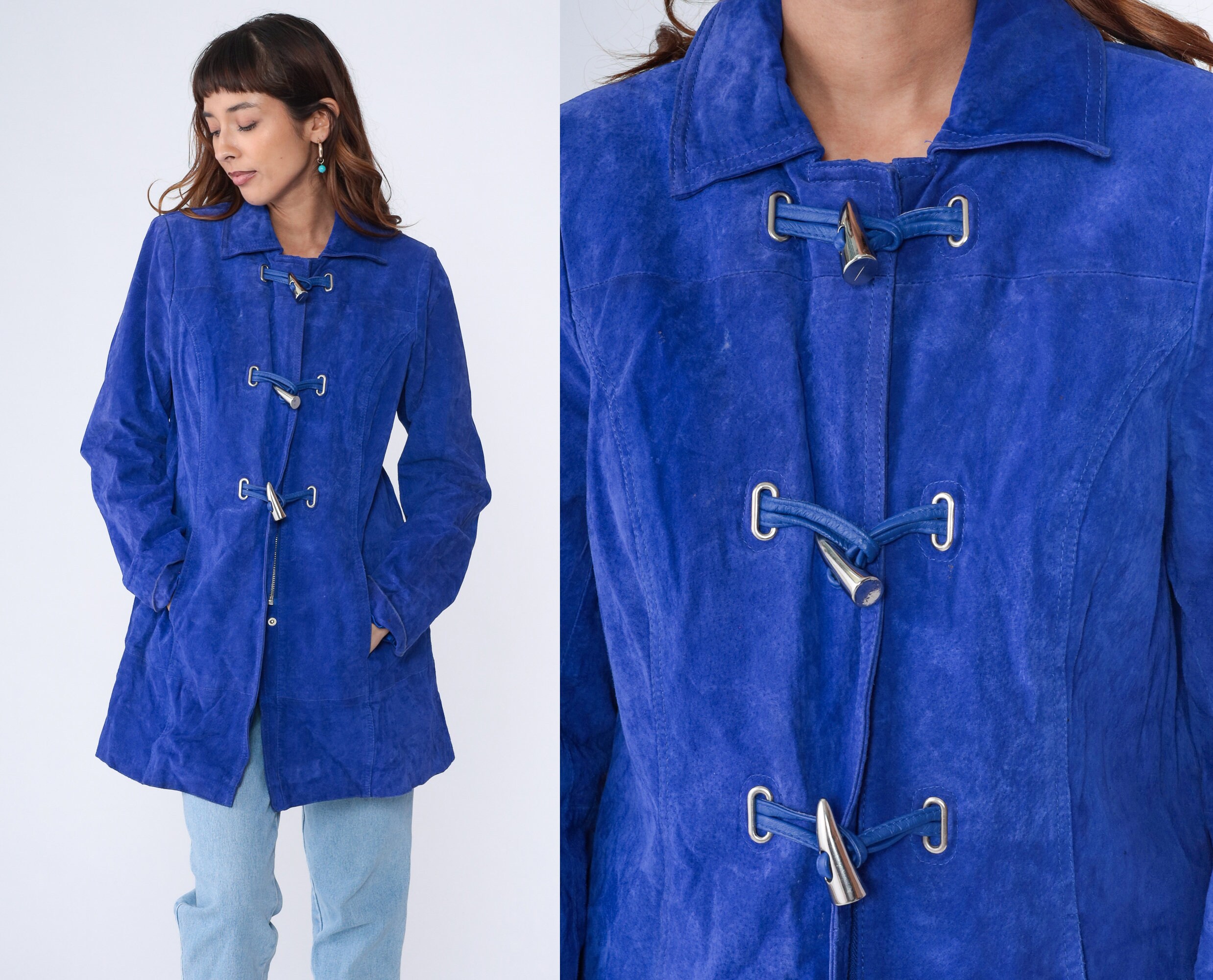 Royal Blue Suede Jacket Y2K Leather Jacket Toggle Button Up Jacket Longline 00s Vintage Long Jacket Bohemian Small