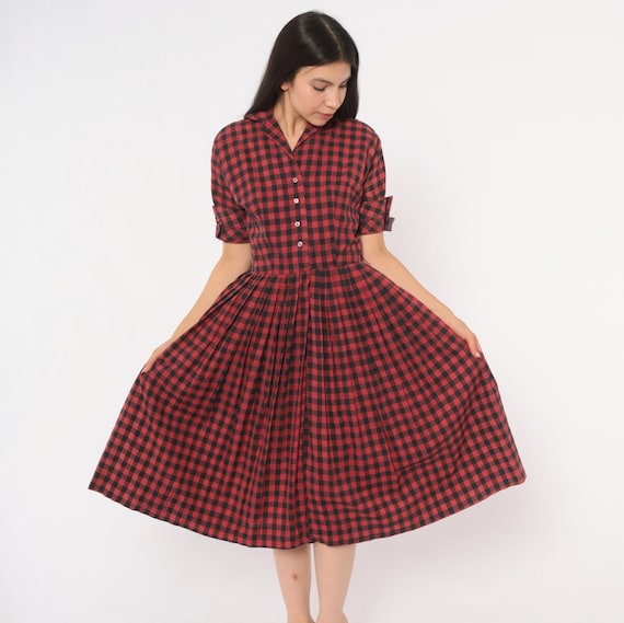 60s Plaid Gingham Shirtdress Buffalo Check Dress Burgundy Black Plaid Cotton Wine Rockabilly Pin Up Autumn Grunge Gothic Alt Vintage Small S