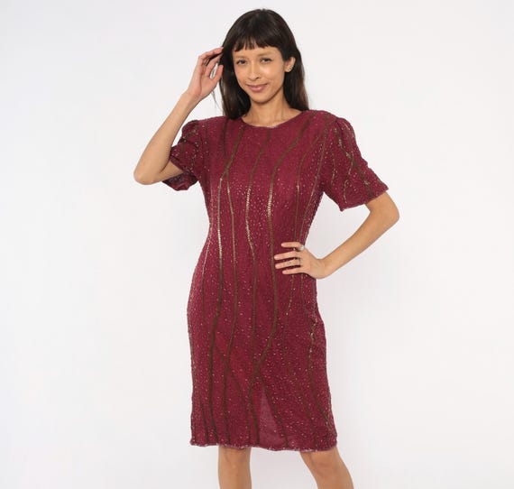 80s Beaded Burgundy Dress Sweelo Wine Cocktail Short Sleeve Embellished Gold Bugle Bead Party Evening Cranberry Formal Vintage Medium M