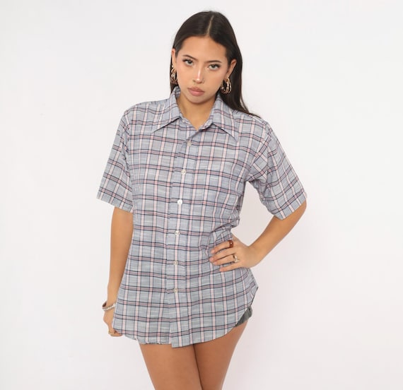 80s Plaid Shirt Blue Red Cotton Short Sleeve Chest Pocket Checkered Boxy Preppy Grunge Pink Summer Top Unisex Dark Academia Vintage Medium M