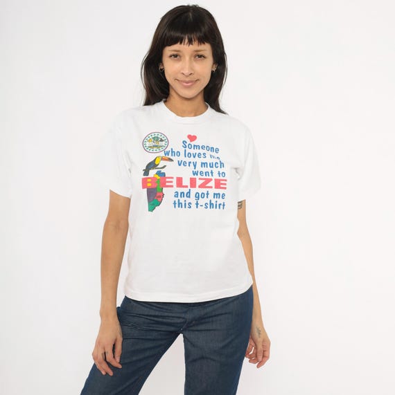 Y2K Belize Souvenir Tee Toucan Graphic Print White Cotton Short Sleeve Travel Tourist Vacation Tropical Bird Map Novelty Ivory Shirt Small S