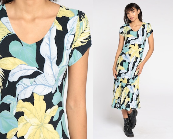 90s Tropical Dress Black Blue Green Hawaiian Midi Leaf Print Summer Dress Boho 1990s Bohemian Vintage Shift Short Sleeve Flounce Small S