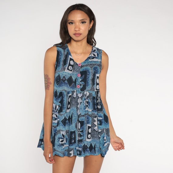 Babydoll Dress 90s Mini Dress Blue Abstract Geometric Print Empire Waist Sleeveless Retro Summer Sun Day Tank Dress Vintage 1990s Medium M