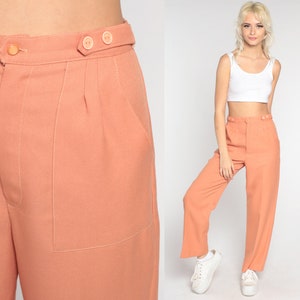 70s Trousers Peach Straight Leg Pants 1970s Trousers Pleated Trousers High Rise Waist Pants Vintage Seventies Small image 1