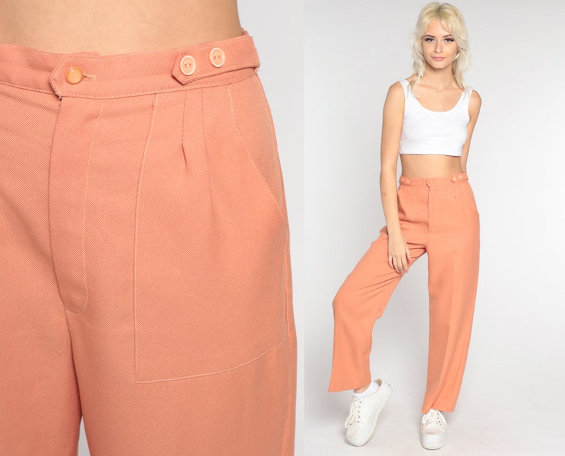 70s Trousers Peach Straight Leg Pants 1970s Trousers Pleated Trousers High Rise Waist Pants Vintage Seventies Small image 1