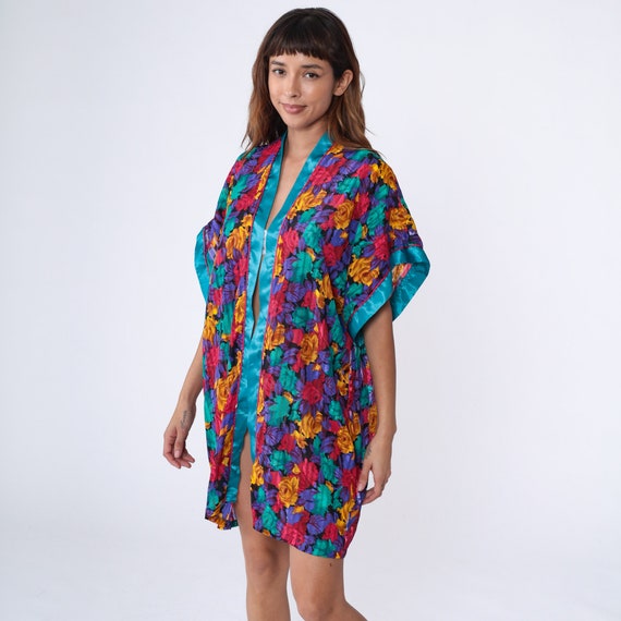 Bright Floral Robe Y2K Metallic Short Kimono Mini Lingerie Jacket Open Front Flower Print Dressing Gown Satin Vintage 00s Medium M