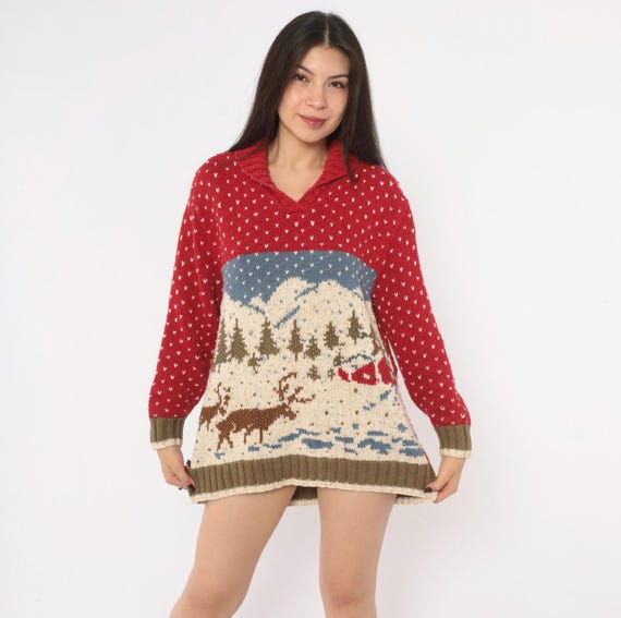 90s Reindeer Knit Sweater Snow Scene Red Cream Shawl Collar Winter Christmas Camping Cabin Trees Cotton Blue Cottagecore Vintage Small S