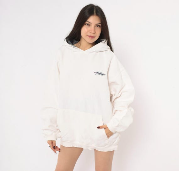 90s Side Out Hoodie White Cotton Blend Pullover Ribbed Cream Off White Embroidered Logo Boxy Surf Skate Sweatshirt Unisex Extra Large XL