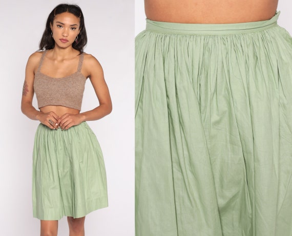 60s Skirt 2xs Circle Skirt Green Mini Skirt Boho High Waist 1960s Cotton Skirt 50s Pin Up Skirt Plain Vintage xxs Extra Small