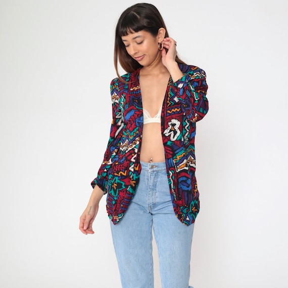 Abstract Blazer Jacket 90s Floral Geometric Patterned Jacket Open Front Boho Hippie Puff Sleeve 1990s Red Blue Vintage Medium M 10 Petite