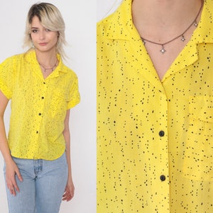 80s Blouse Bright Yellow Confetti Button up Shirt Short Sleeve Top Secretary Blouse Casual Collared Vintage 1980s Medium