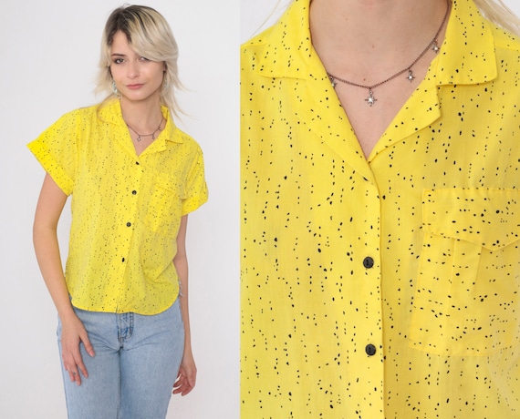 80s Blouse Bright Yellow Confetti Button up Shirt Short Sleeve Top Secretary Blouse Casual Collared Vintage 1980s Medium