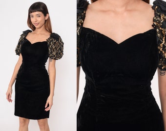 Black Velvet Dress 80s Gold Sequin Dress Lace Puff Sleeve Party Retro Sweetheart Prom Mini Sparkly Formal Bow Vintage 1980s Cocktail Small