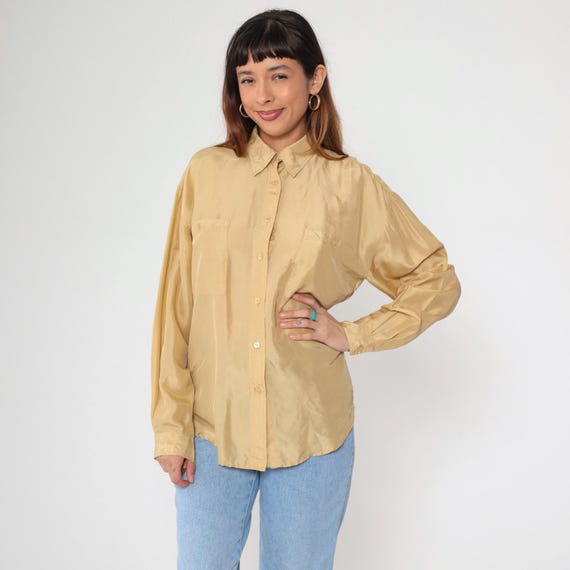 Vintage Champagne Silk Blouse 90s Button Up Shirt Long Sleeve Collared Chest Pocket Plain Retro Casual 1990s Women's Oversized Small