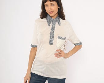80s Houndstooth Collar Polo Cream Ivory Half Sleeve Knit Blouse Navy Check Trim Preppy Collegiate Academic Shirt Nerdcore Vintage Medium M