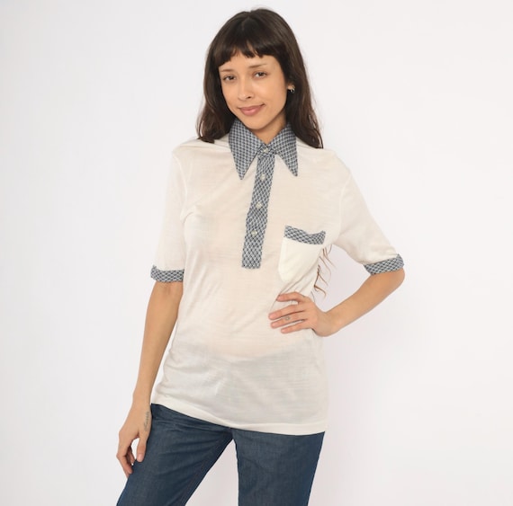 80s Houndstooth Collar Polo Cream Ivory Half Sleeve Knit Blouse Navy Check Trim Preppy Collegiate Academic Shirt Nerdcore Vintage Medium M