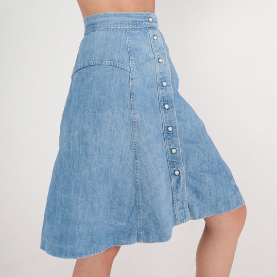 Denim Pearl Snap Skirt 80s Blue Jean Button up Mi… - image 4