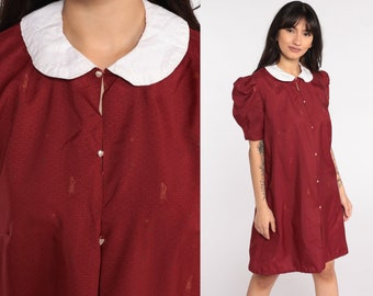 70s Mini Dress Novelty Print DAPPER MAN Shift Dress Hippie Puff Sleeve Vintage Peter Pan Collar Dolly Boho Burgundy 1970s Medium