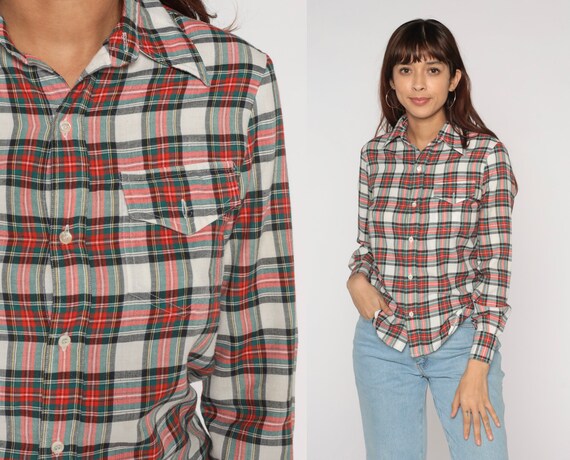 90s Plaid Shirt Retro Button Up Shirt Checkered Collared Long Sleeve White Red Blue Black Grunge Casual Vintage 1990s Small Medium