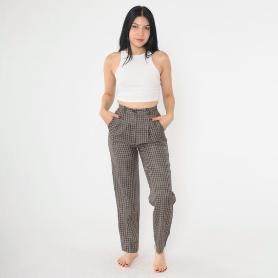 Vintage 90s Plaid Trousers Pleated Pants Navy Blue Tan High Waisted Rise Straight Tapered Leg Preppy Retro 1990s Menswear Extra Small xs 1