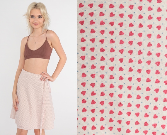 70s Wrap Skirt Ditsy Heart Print Mini Skirt White Pink High Waisted Summer Hippie Retro Vintage 1970s Bohemian Extra Small Medium XS S M